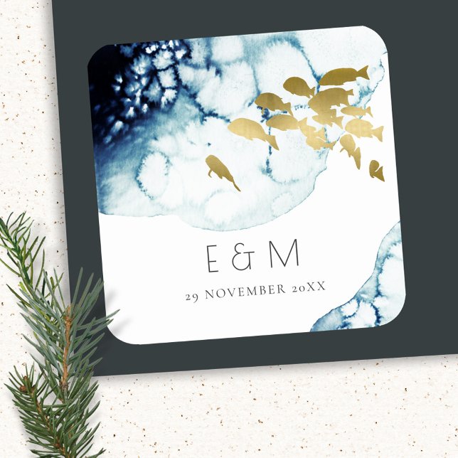 ADESIVO QUADRADO MARINHO DOURADO ELEGANTE SOB ÁGUA MONOGRAMA DE PEI (Criador carregado)