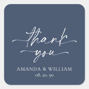 Adesivo Quadrado Marinho Elegante Casamento Azul Obrigado Sticker