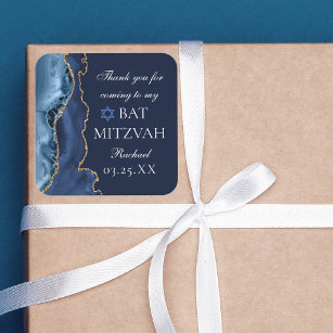 Adesivo Quadrado Marinho Elegante, Festa de Bat Mitzvah, Gato Azul 