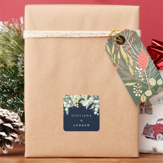 Adesivo Quadrado Marinho Escuro Elegante Snowberry+Eucalyptus Weddi (Feriado)