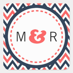 Adesivo Quadrado Marinho moderno & Chevron & Lovebirds corais que
