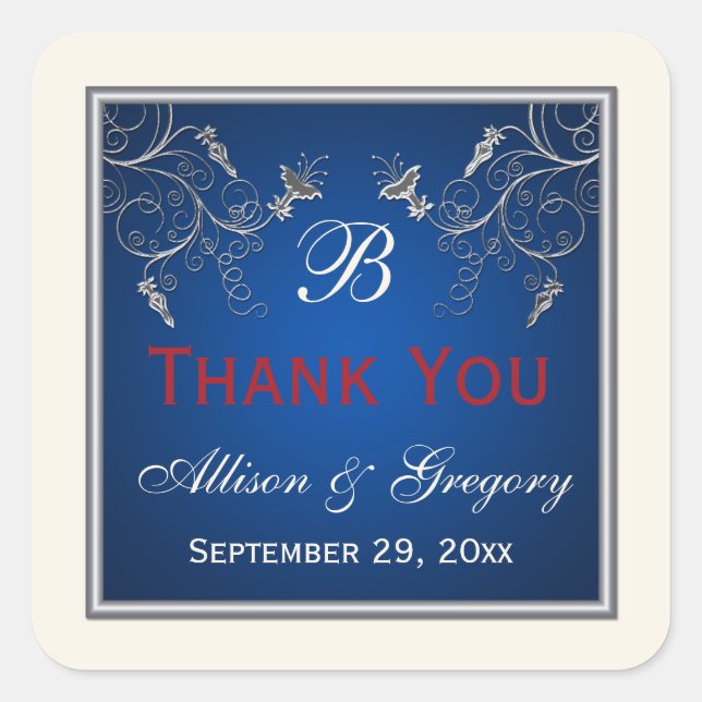 Adesivo Quadrado Marinho monograma, marfim, vermelho, palheta prate (Frente)