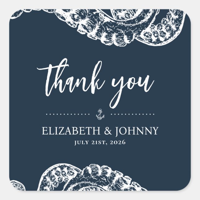 Adesivo Quadrado Marinho Náutico Octopus Casamento Favorece Autocol (Frente)