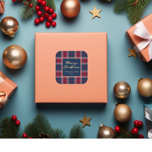 Adesivo Quadrado Marinho Red Tartan Xadrez Moderna Elegante Minimal (Navy Red Tartan Plaid Modern Elegant Minimalist Square Sticker)