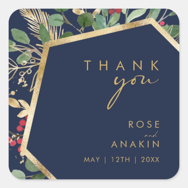 Adesivo Quadrado Marinho Verde Moderno de Natal Obrigado Casamento (Frente)