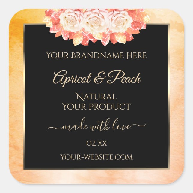 Adesivo Quadrado Mármaco de pêssego floral e rótulos de produto pre (Frente)