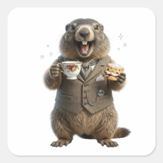 Adesivo Quadrado Marmota Elegante Bebendo Chá