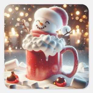 Adesivo Quadrado Marshmallow Snowman Em Chocolate Quente