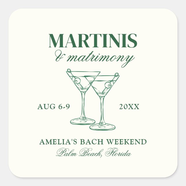 Adesivo Quadrado Martinis & Matrimony Bachelorette Weekend (Frente)