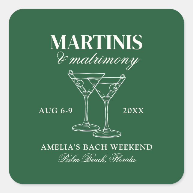 Adesivo Quadrado Martinis & Matrimony Bachelorette Weekend (Frente)