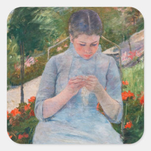 Adesivo Quadrado Mary Cassatt - Garota costurando um jardim