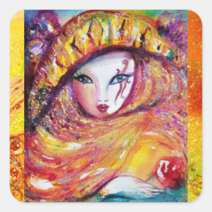 ADESIVO QUADRADO MÁSCARA CARNIVAL AMARELO COM ROSA VERMELHA