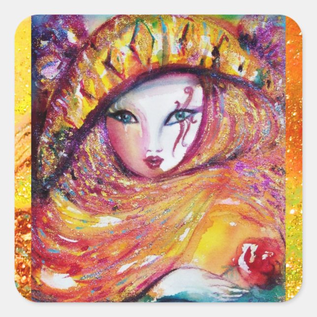 ADESIVO QUADRADO MÁSCARA CARNIVAL NO AMARELO DOURADO COM ROSA VERME (Frente)