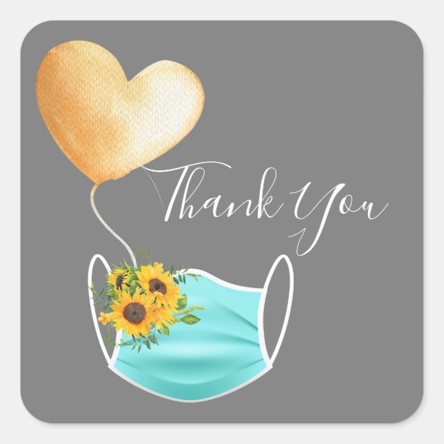 Adesivo Quadrado Máscara Covid e Flores Obrigado (Frente)