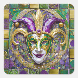Adesivo Quadrado Máscara de Jester do Mardi Gras Roxa Verde Dourada