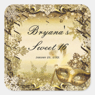 Adesivo Quadrado Máscara de Mascarada ouro e flocos de neve de inve