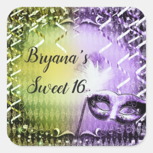 Adesivo Quadrado Máscara de Mascarada Verde e Roxo Festa de Mardi G