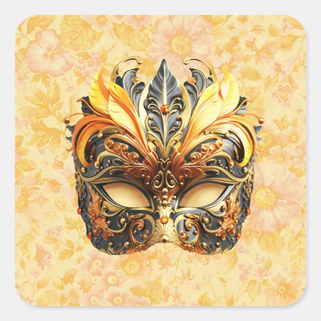 Adesivo Quadrado Máscara de pena amarela sobre padrão floral (Frente)