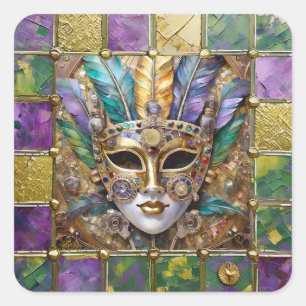 Adesivo Quadrado Máscara de Pena Colorida de Cerâmica e Ouro de Mar