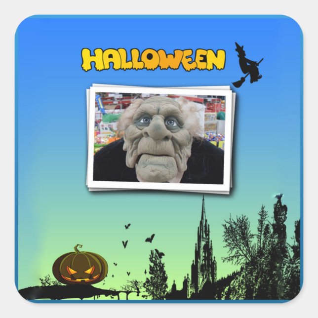 Adesivo Quadrado Máscara de Velho, Bruxa Voadora e Jack o Lanterna (Frente)