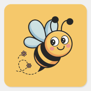 Adesivo Quadrado Mascote de Abelha Amigável para Crianças com Trilh