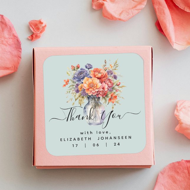 Adesivo Quadrado Mason Jar de Flores Silvestres em Aquarela Rústica (Criador carregado)