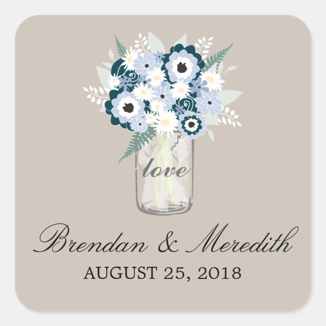 Adesivo Quadrado Mason Jar Floral Wedding (Frente)