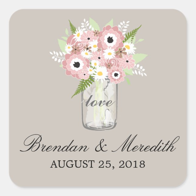 Adesivo Quadrado Mason Jar Floral Wedding (Frente)