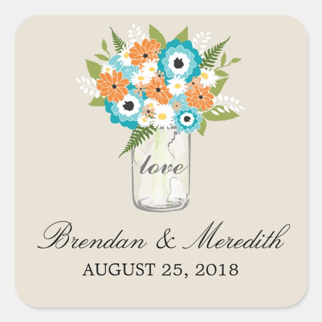Adesivo Quadrado Mason Jar Floral Wedding (Frente)