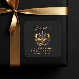 Adesivo Quadrado Masquerade Black Gold Sweet 16 Birthday Party
