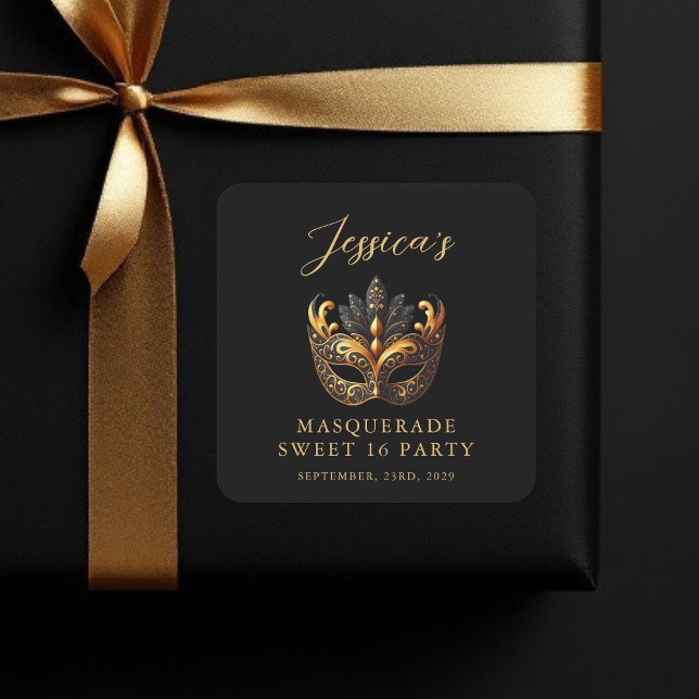 Adesivo Quadrado Masquerade Black Gold Sweet 16 Birthday Party (Criador carregado)