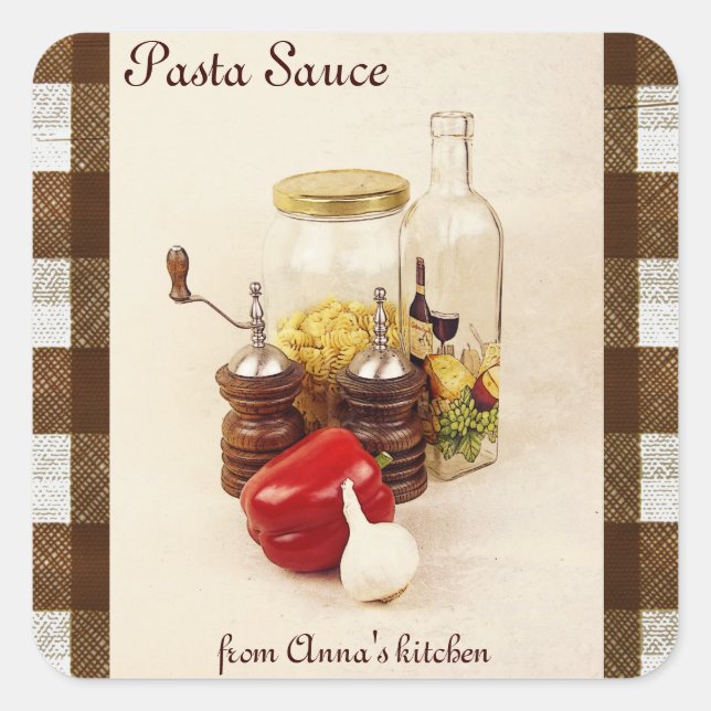 Adesivo Quadrado Massas alimentícias, pimenta vermelha, sal e molho (Frente)