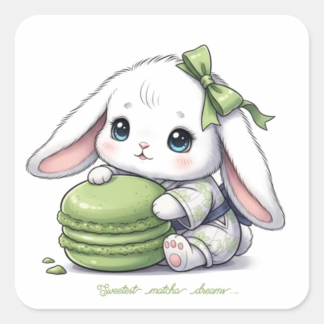 Adesivo Quadrado Matcha Macaron Baby Bunny - Kimono Yukata & Ribbon (Frente)