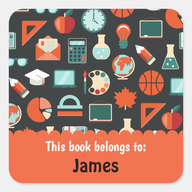 Adesivo Quadrado Material Personalizado Da Escola De Laranja Verde (Frente)