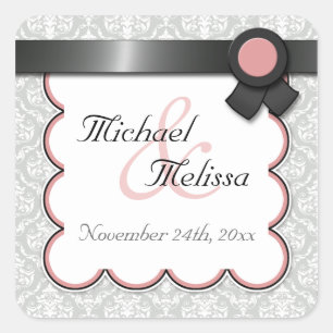 Adesivo Quadrado Mauve & Gray Damask Wedding Favor Stickers