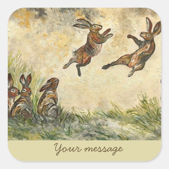 Adesivo Quadrado Meadow Matchup Playful Hares in a Meadow  (Frente)