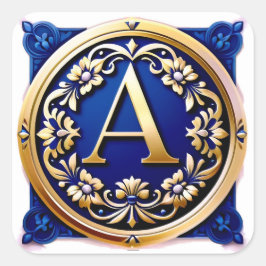 Adesivo Quadrado Medalha de Letra A Dourada Elegante com Coroa Flor