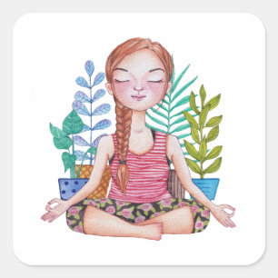 Adesivo Quadrado Meditando Garota Com Plantas