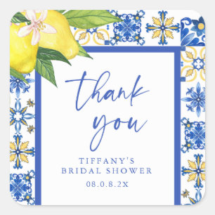 Adesivo Quadrado Mediterranean Blue Lemons Bridal Shower Obrigado