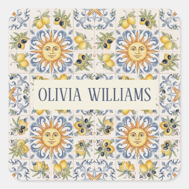 Adesivo Quadrado Mediterranean Lemon Tile Italian Coastal Design (Frente)