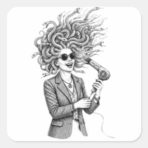 Adesivo Quadrado Medusa Moderna Usando Secador de Cabelo Ilustração