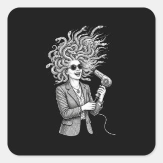 Adesivo Quadrado Medusa Moderna Usando Secador de Cabelo Ilustração