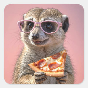 Adesivo Quadrado Meerkat bonito com óculos e pizza