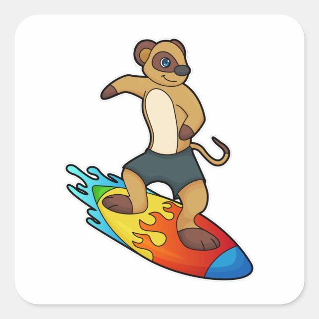 Adesivo Quadrado Meerkat como Surfer com Surfboard (Frente)