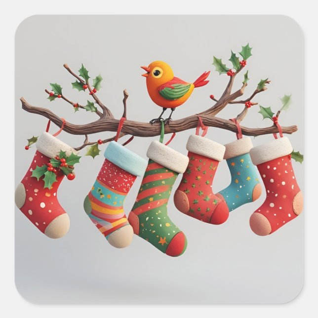 Adesivo Quadrado Meias de Natal Festivas Penduradas com Holly (Frente)