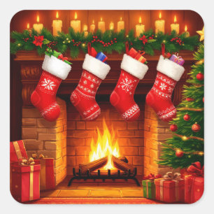 Adesivo Quadrado Meias de Natal Penduradas Acima da Lareira Quente
