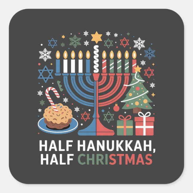 Adesivo Quadrado Meio Natal Half Hanukkah Christmukkah Funny (Frente)