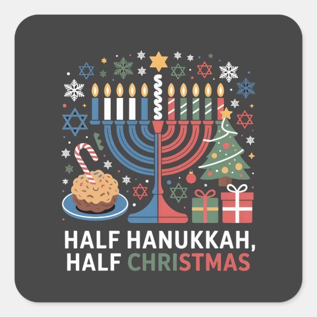 Adesivo Quadrado Meio Natal Half Hanukkah Christmukkah Funny (Frente)
