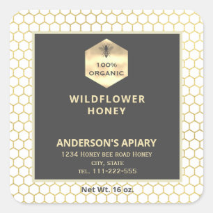Adesivo Quadrado Mel de mel com logótipo de ouro moderno