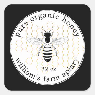 Adesivo Quadrado Mel Jar Label Bee Dourado Honeycomb Preto